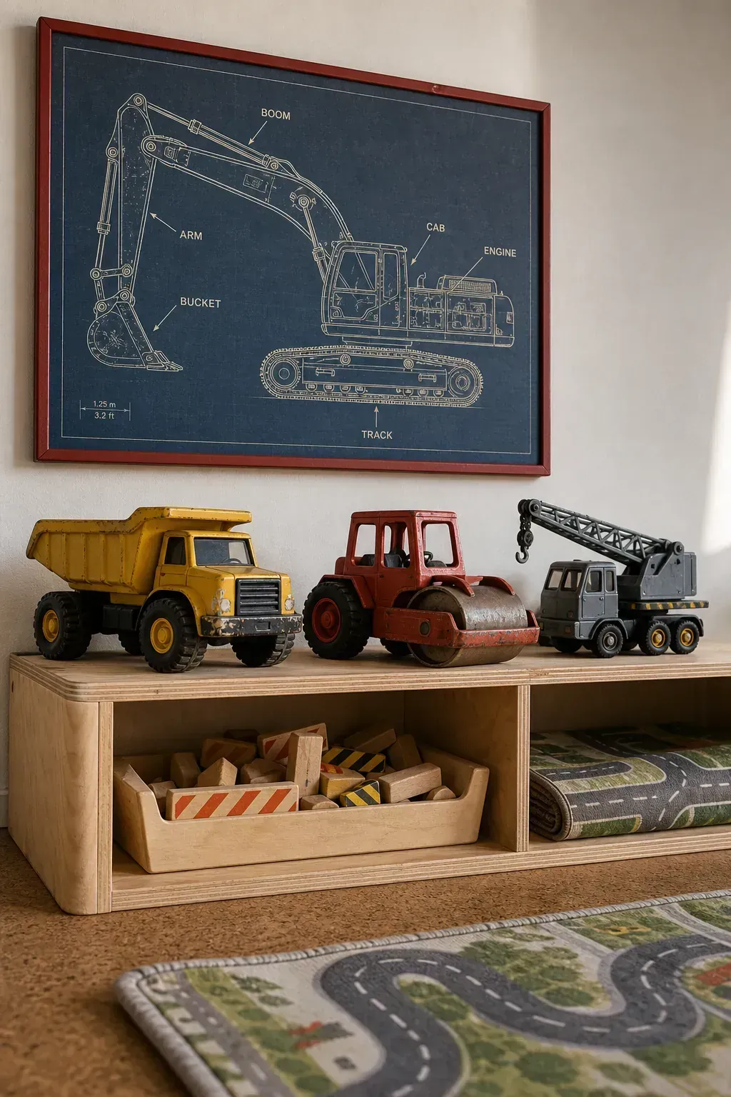 Excavator blueprint printable wall art above a toy vehicle shelf