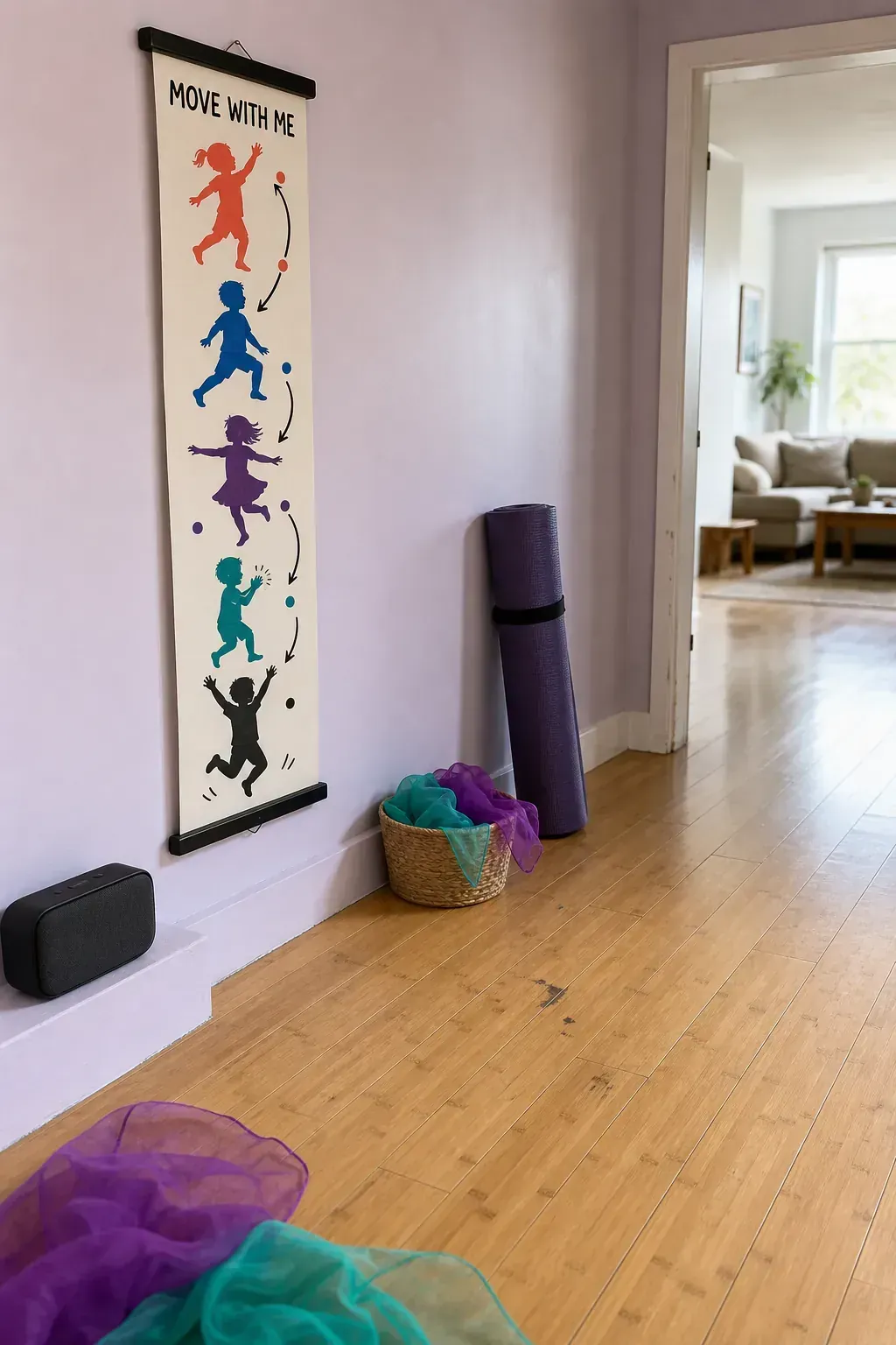 Dance move sequence printable beside open playroom floor space