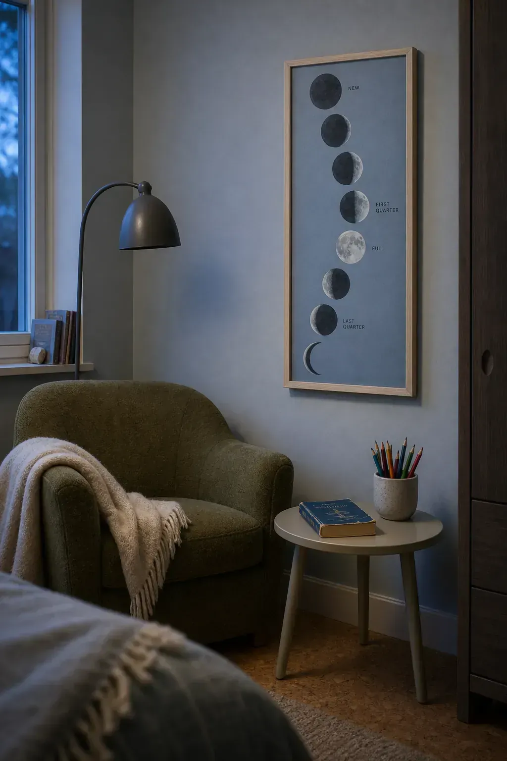 Calm moon phase printable beside a kids bedroom reading chair