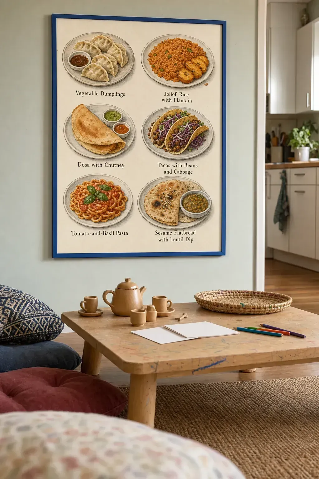 Illustrated world foods printable in a shared family play space