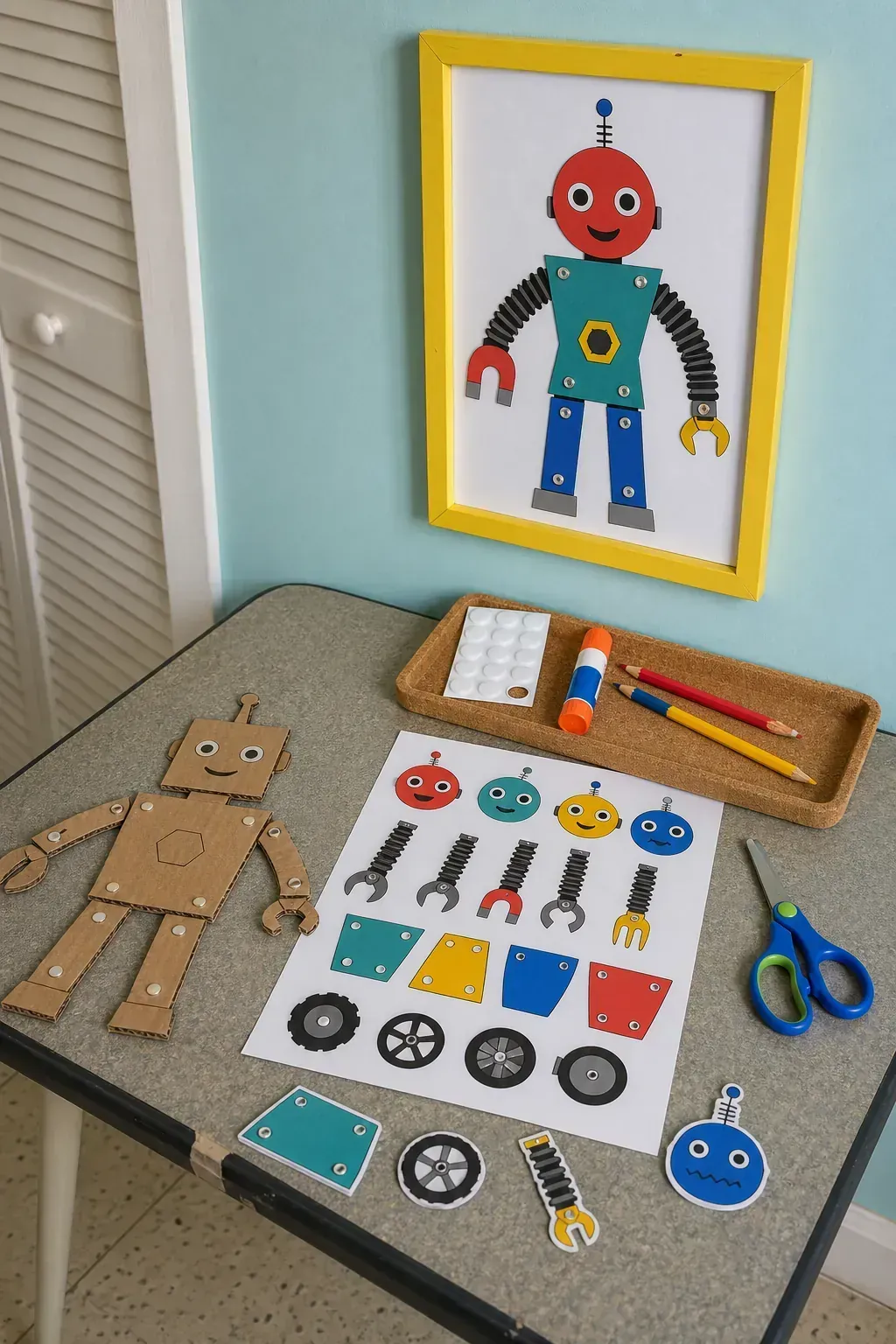 Build-your-own robot printable displayed above a kids maker table