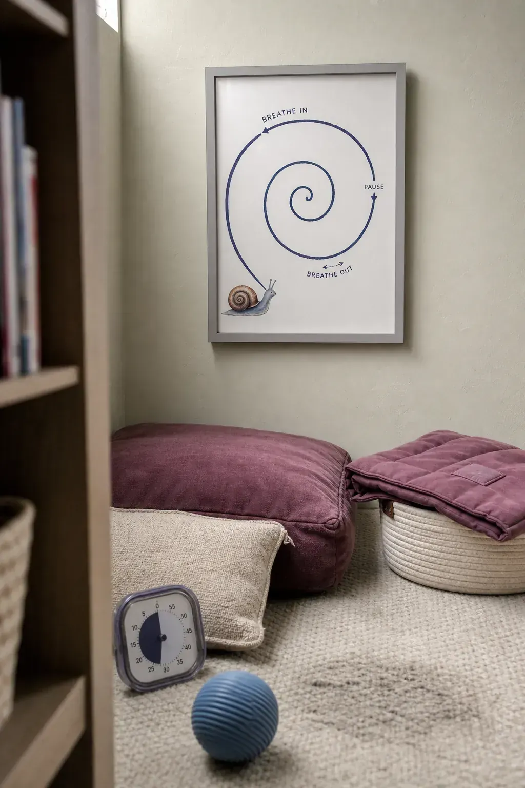 Gentle breathing path printable in a calm corner with floor cushions