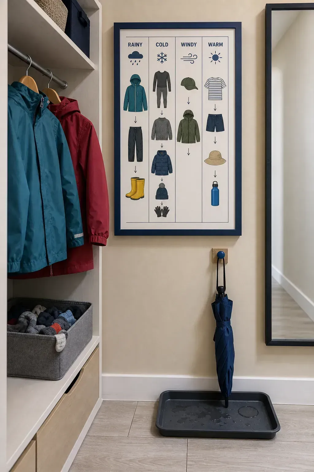 Weather dressing guide printable beside a child's wardrobe and hooks