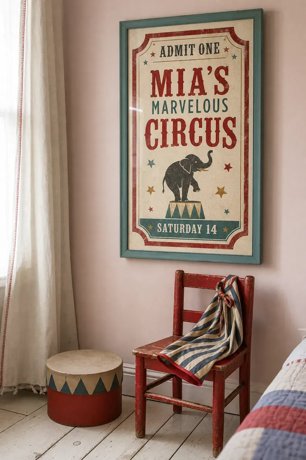 Vintage-inspired circus ticket printable in a colorful kids room