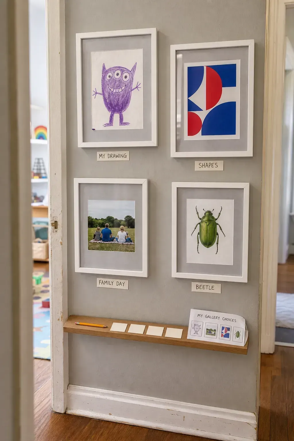 Child-curated mini gallery combining drawings photos and printable art