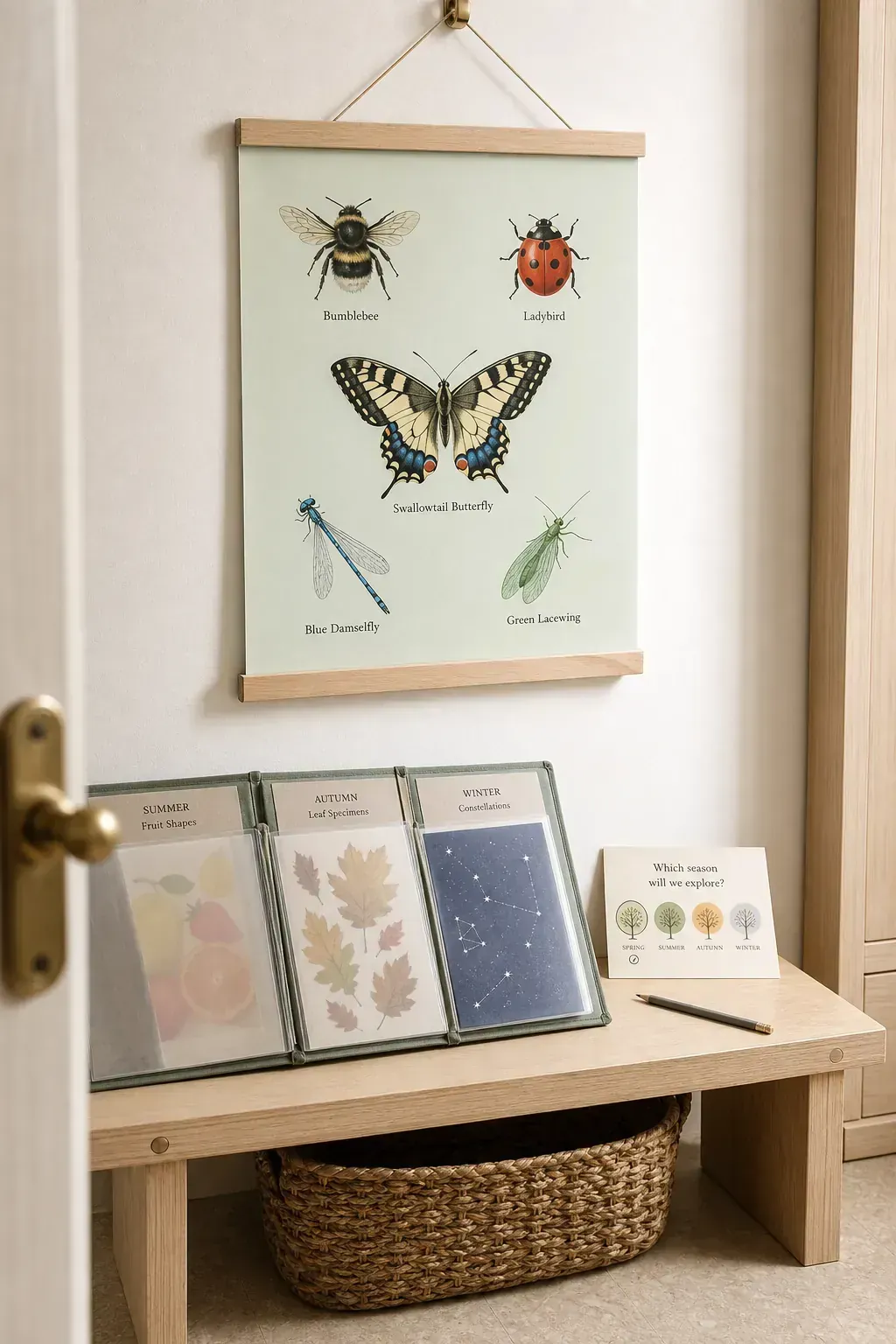 Rotating seasonal printable display in a bright child's bedroom
