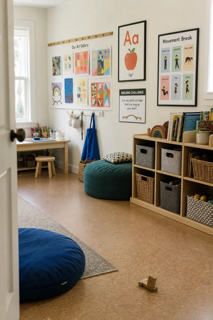 Colorful active playroom with varied printable art and open floor space