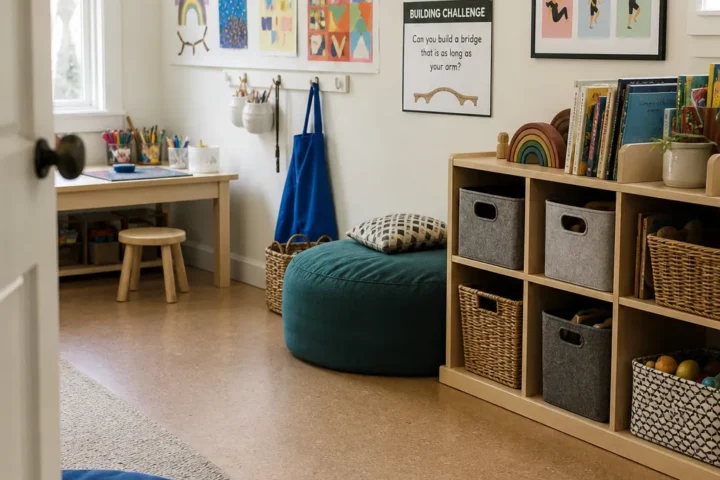 Colorful active playroom with varied printable art and open floor space