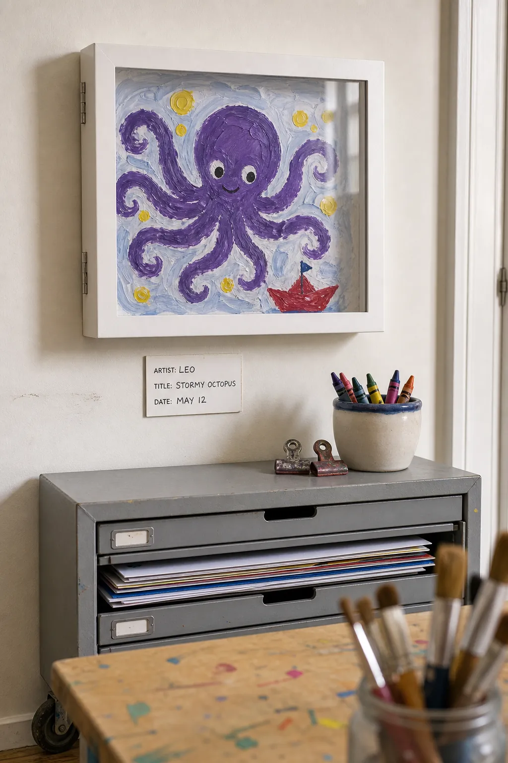 Front-opening frame displaying a child's artwork in a playroom