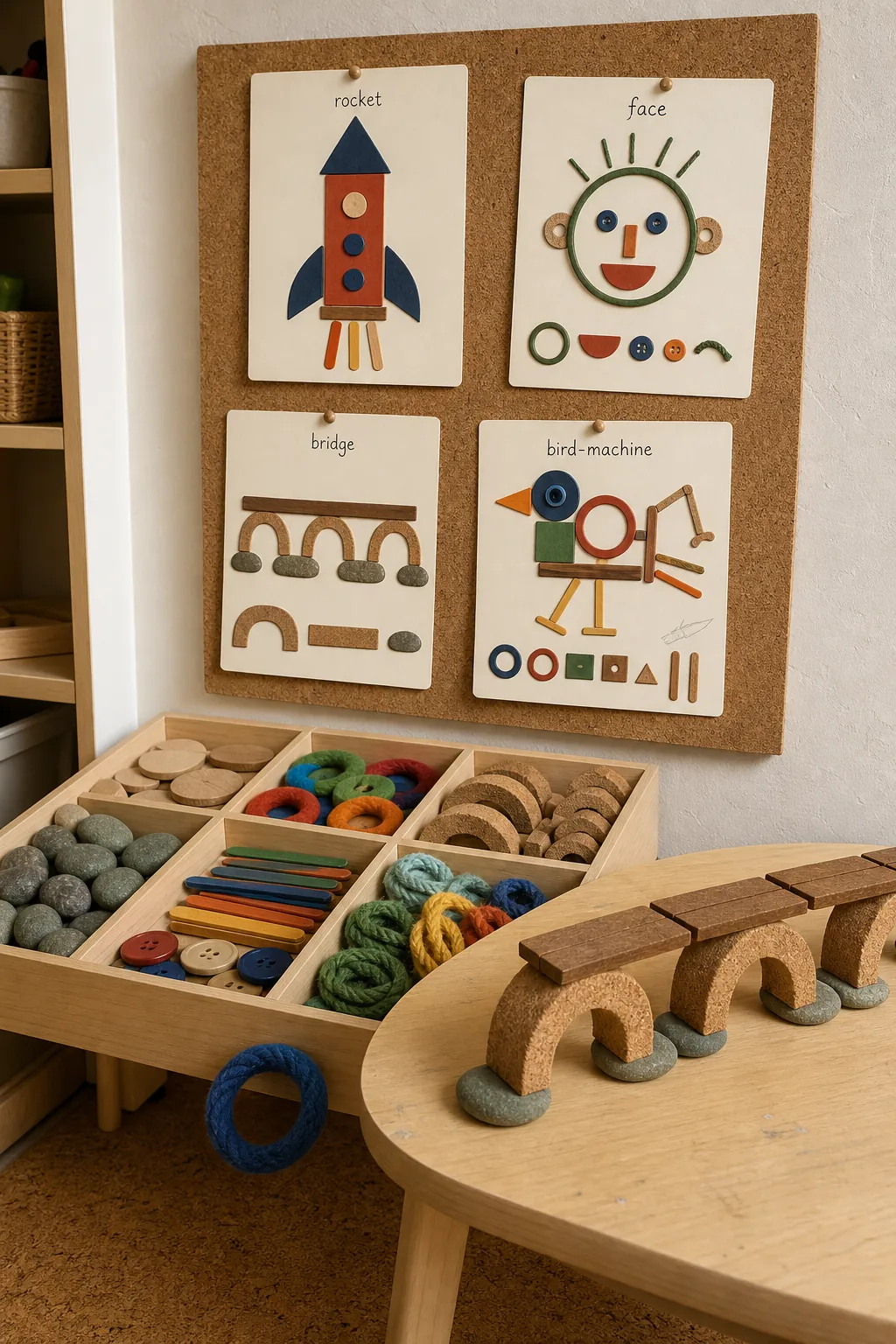 Printable shape recipe cards beside loose parts and blocks