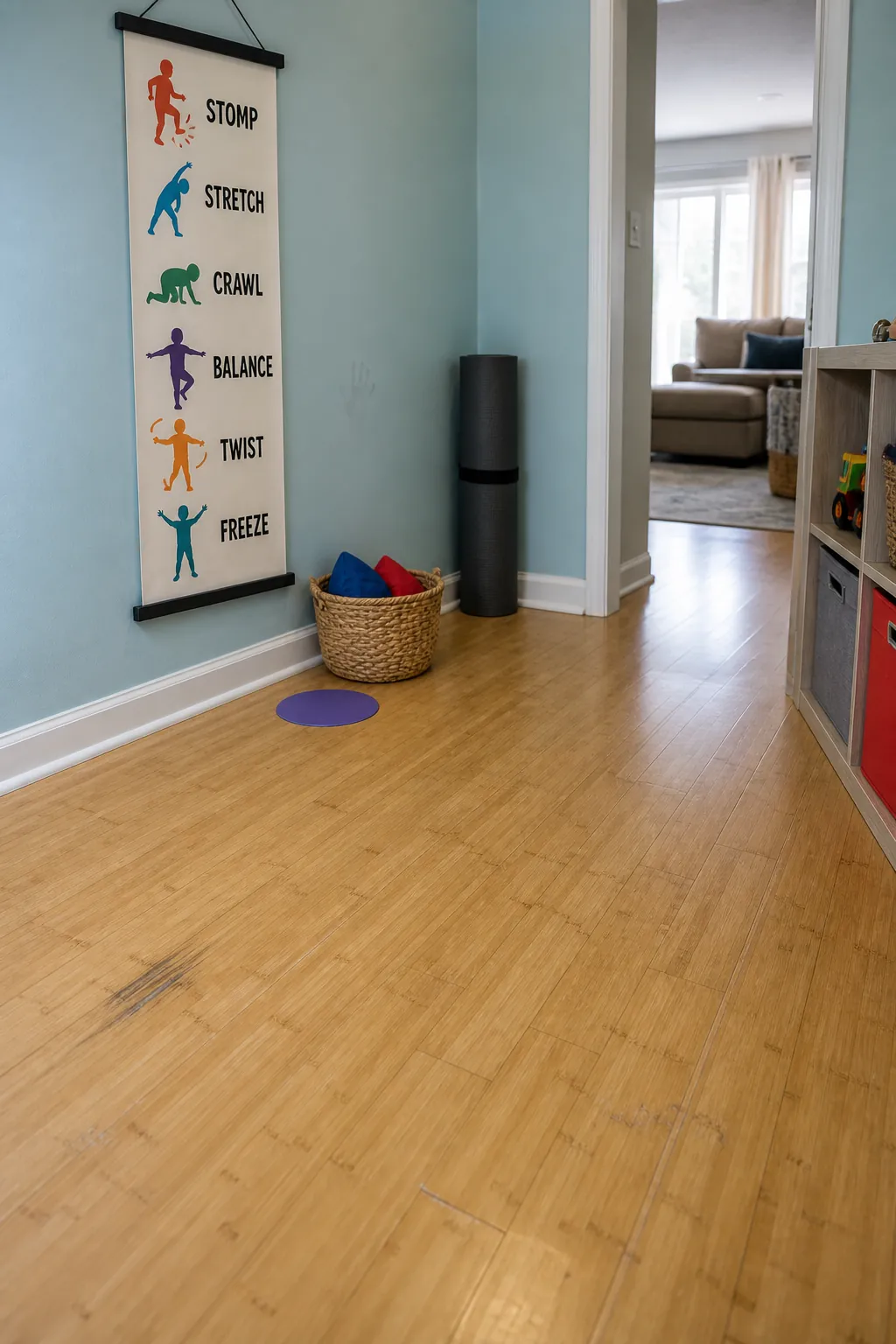 Action verb printable beside clear playroom movement space