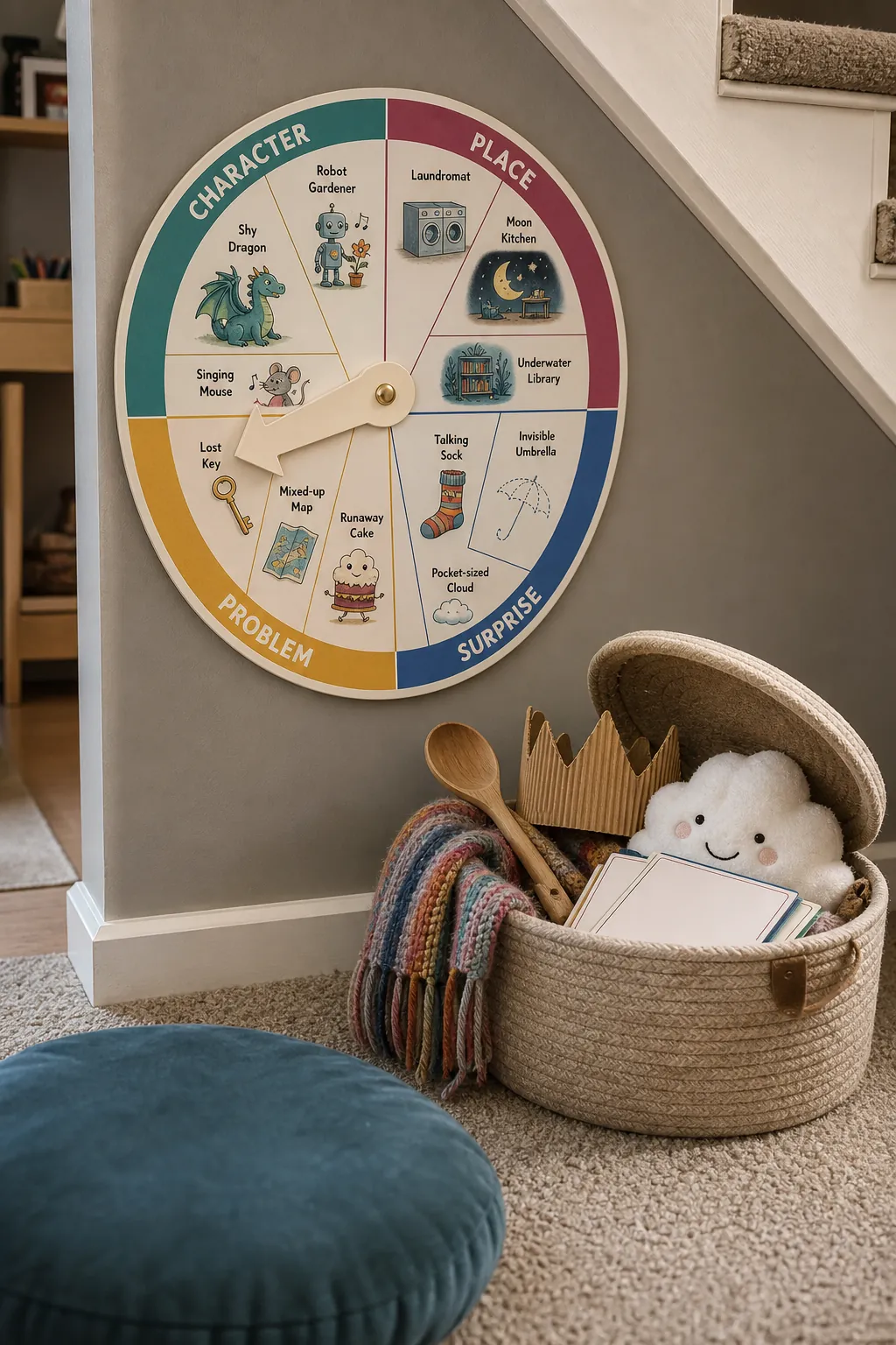 Printable story starter spinner near a playroom storytelling basket