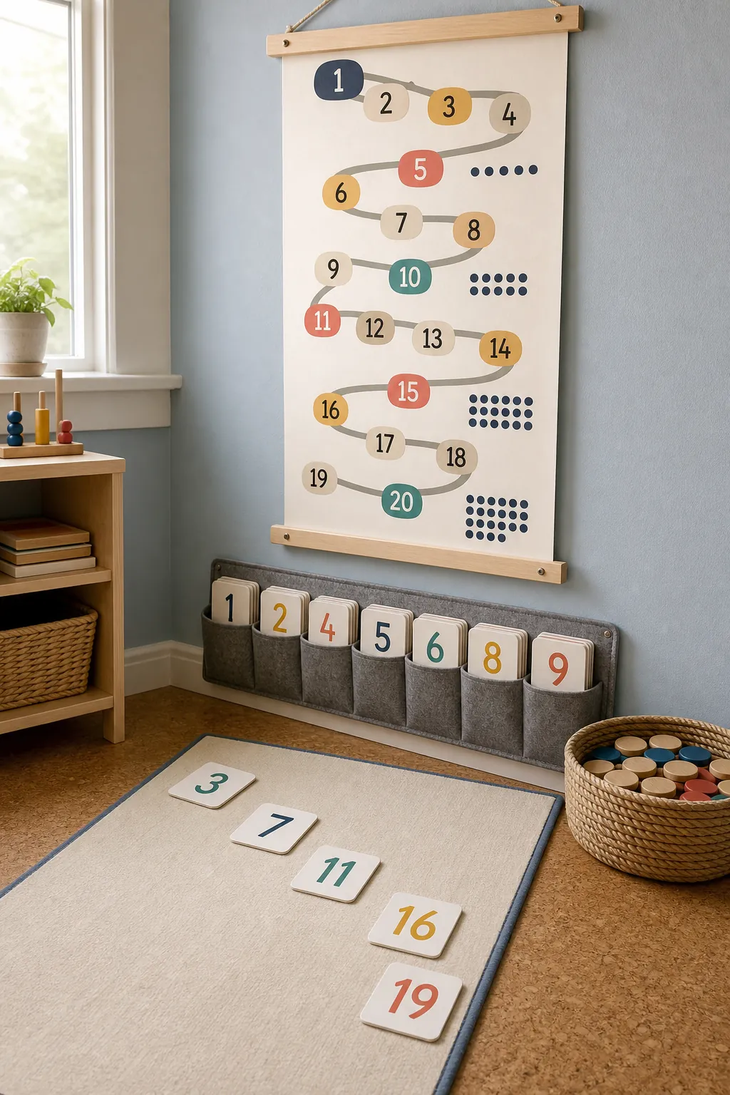 Number trail printable with matching cards in a playroom math zone