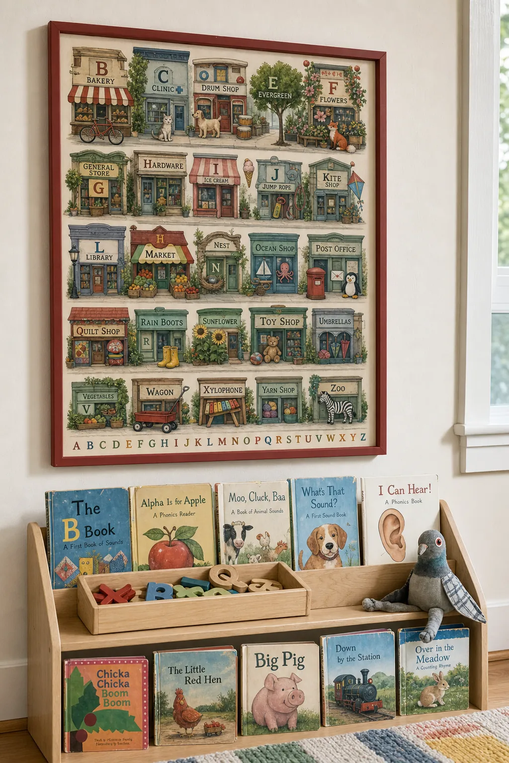Alphabet sound neighborhood printable above a playroom book area