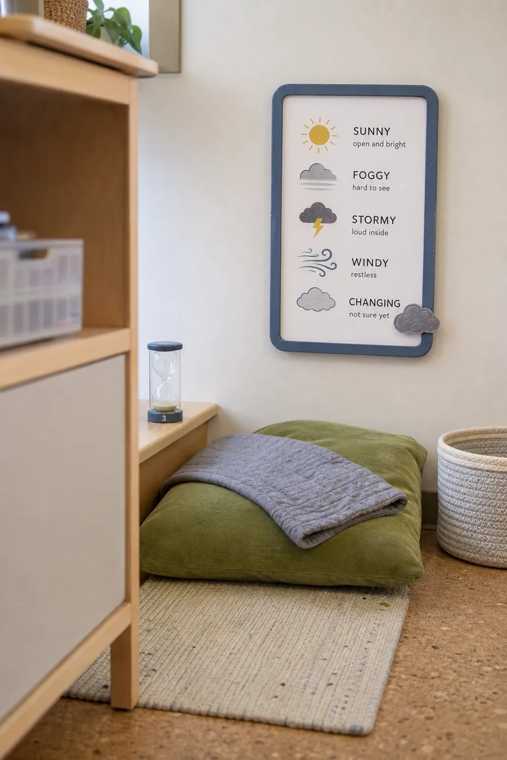 Feelings weather station printable in a quiet playroom corner