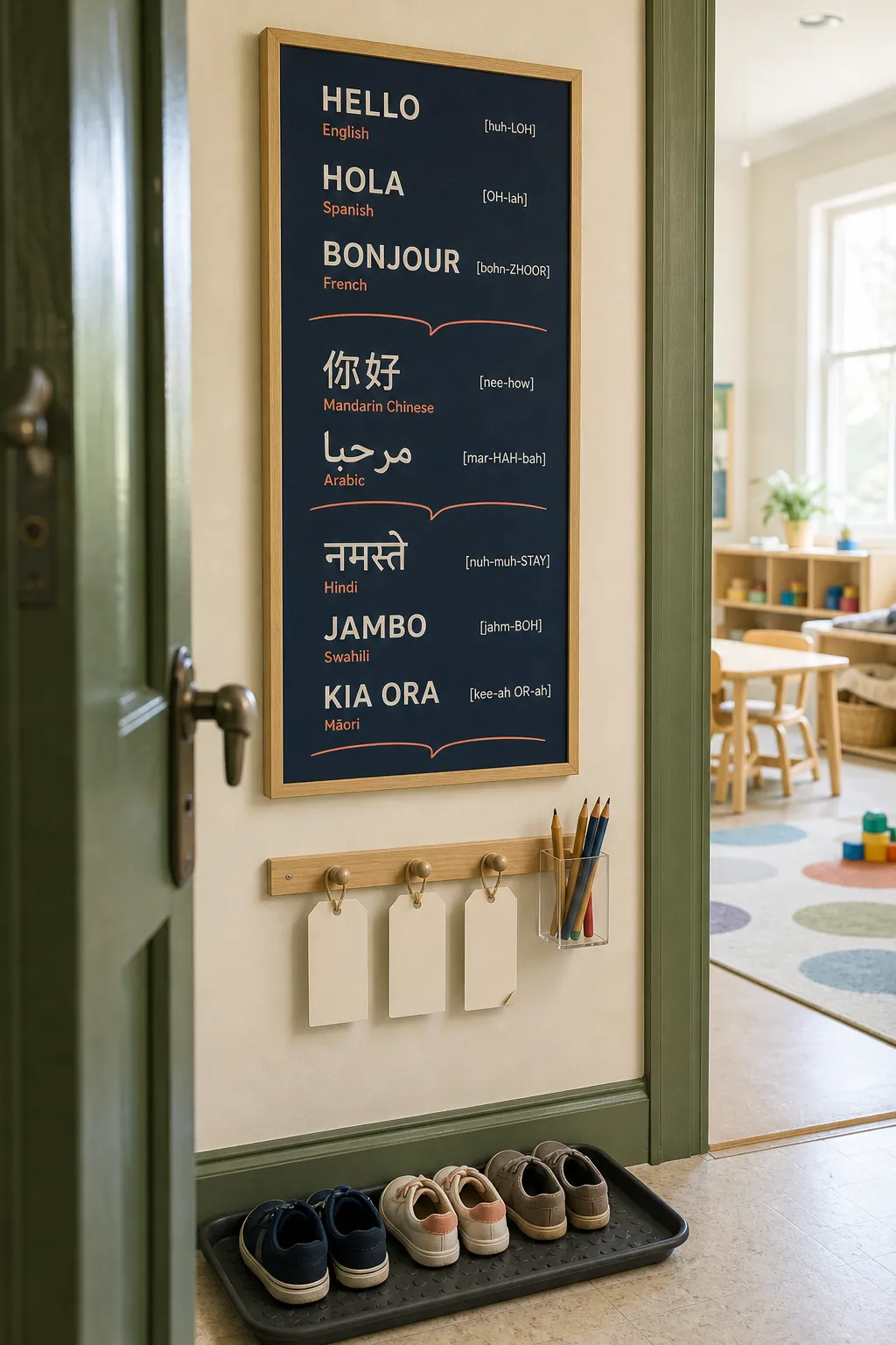 Multilingual hello printable displayed at a playroom entrance