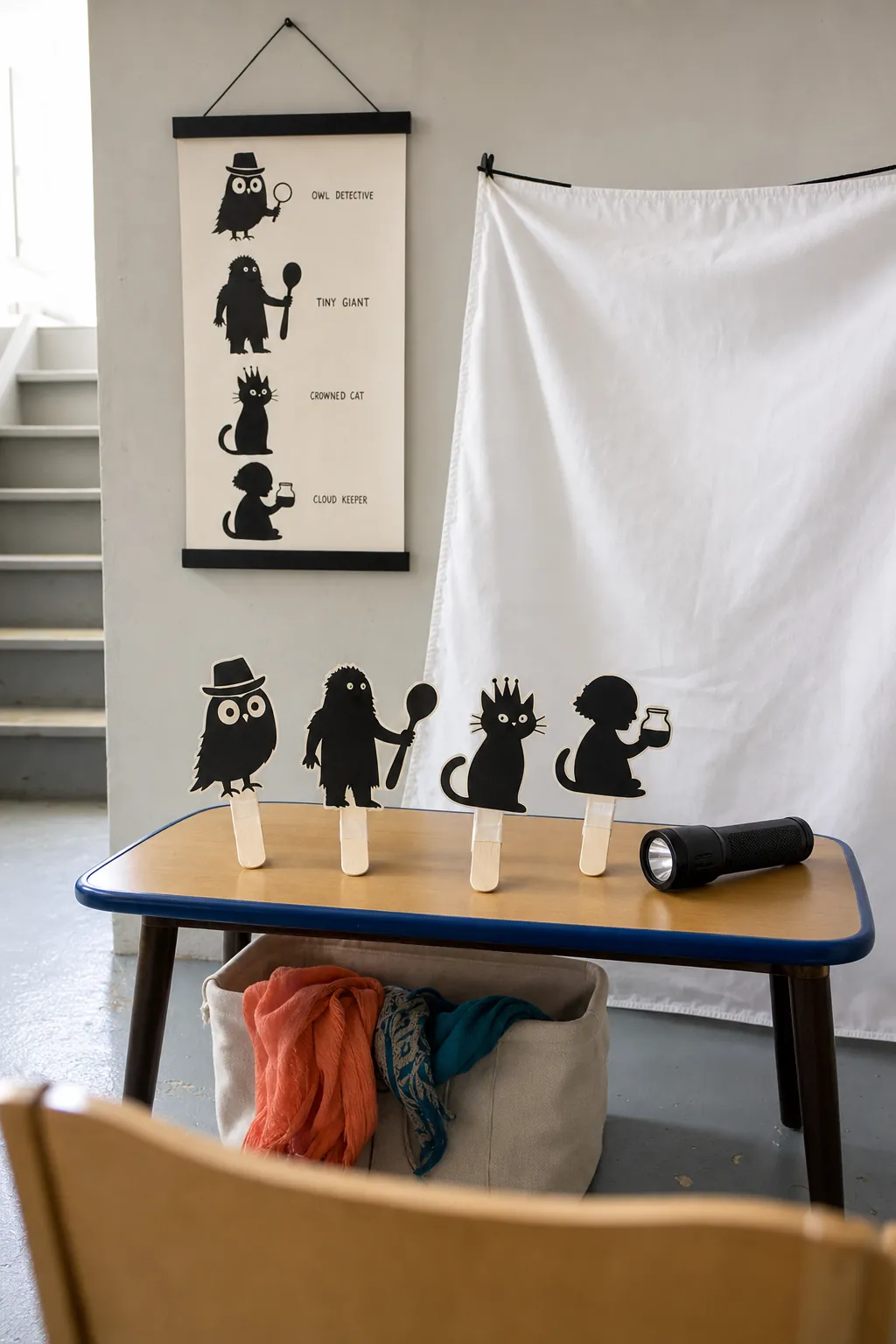 Shadow puppet character printable beside a playroom theater area