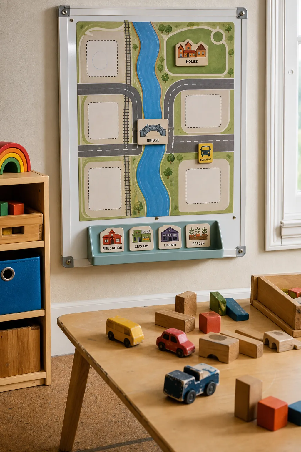 Build-a-town planning printable with removable building tokens