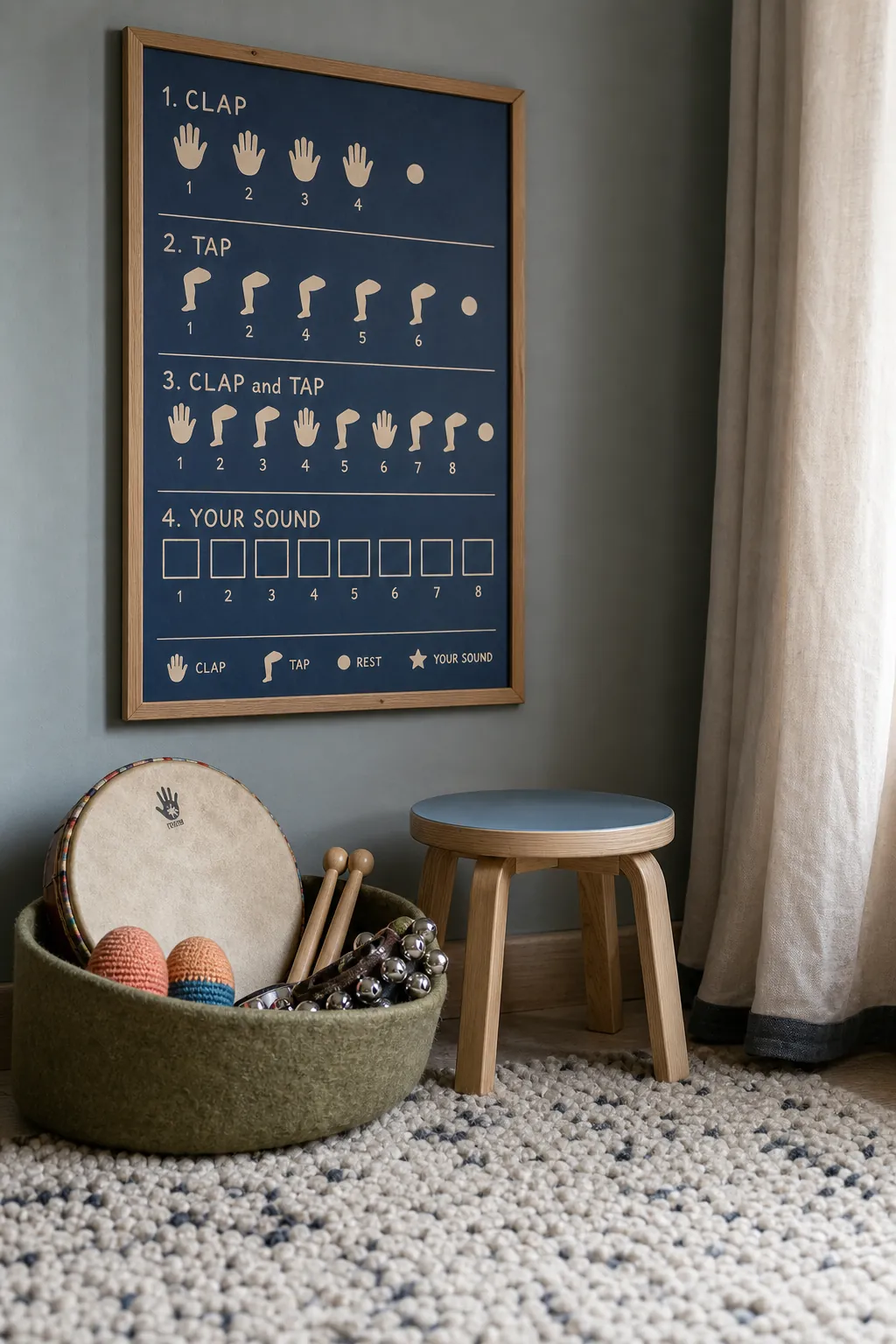 Clap and tap rhythm printable above a basket of kids instruments