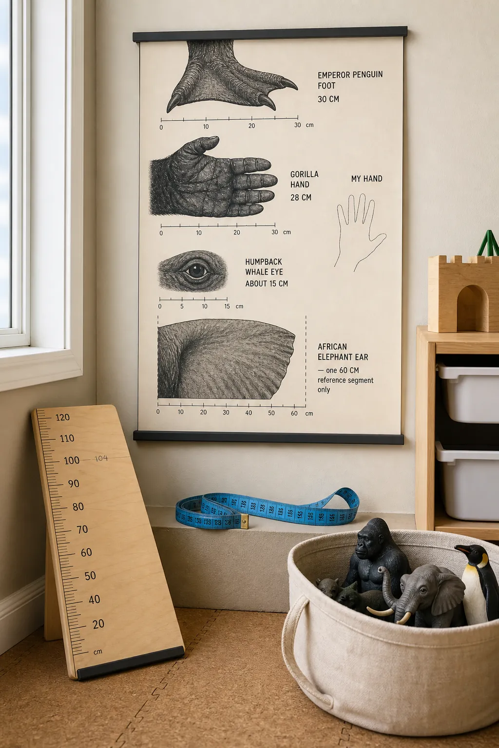 Life-size animal comparison printable beside a measuring station