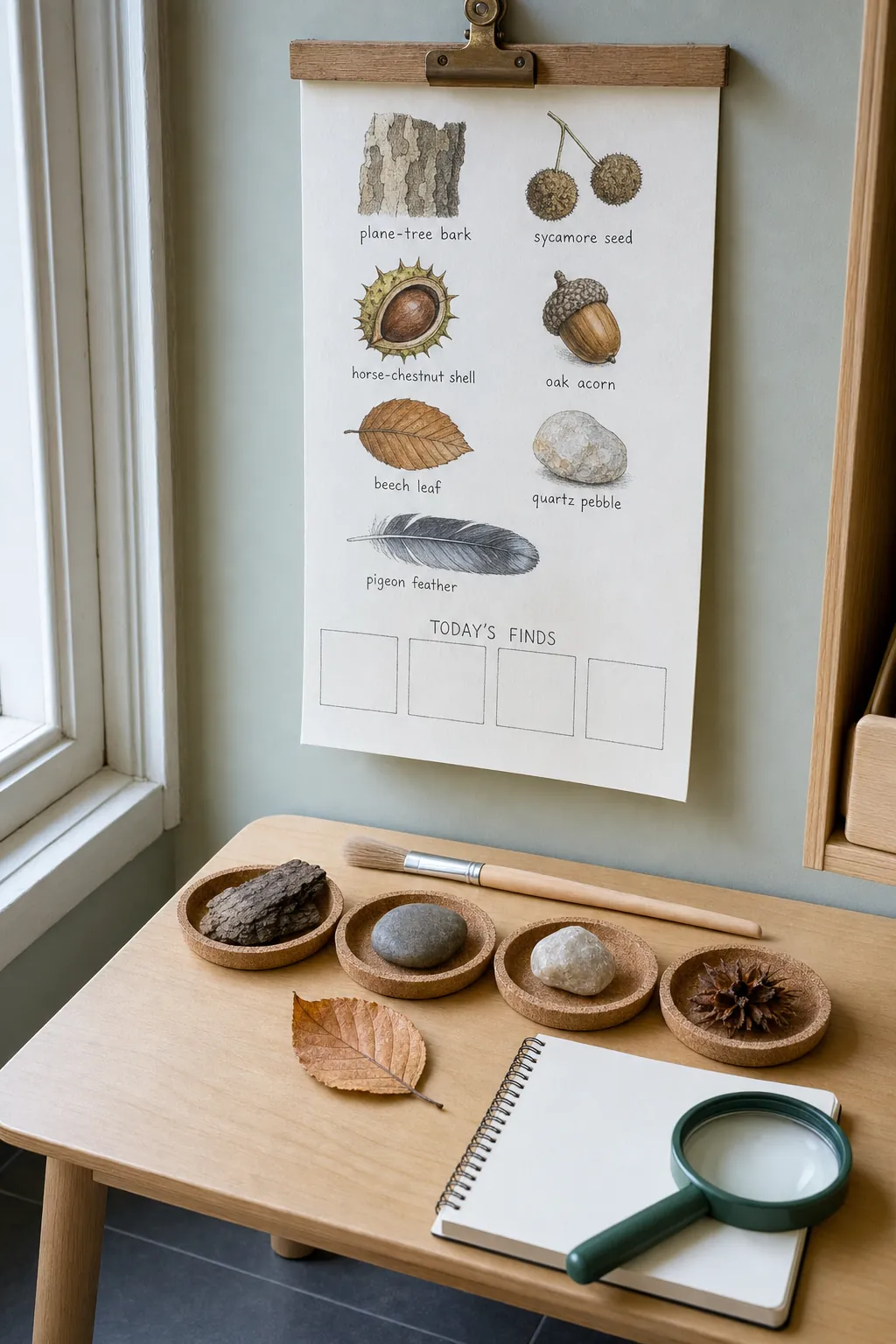 Local nature identification printable above a children's specimen table