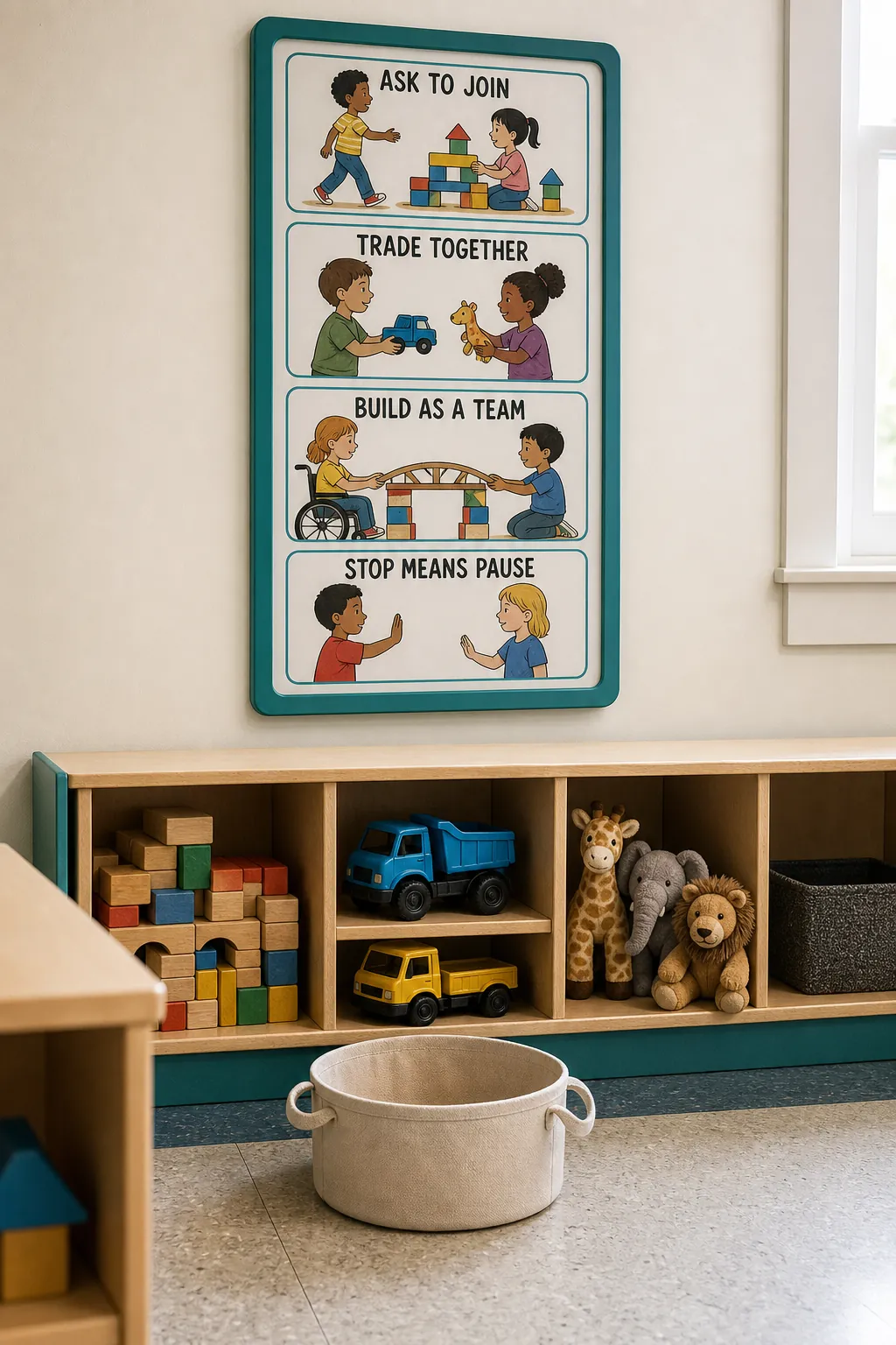 Cooperative play picture guide beside shared toy storage