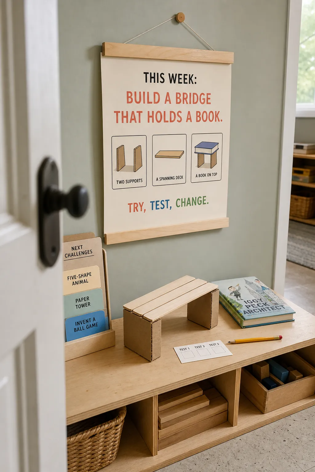Rotating weekly play challenge printable above an activity shelf