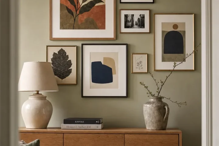 Finished cohesive printable art set above a living room sideboard