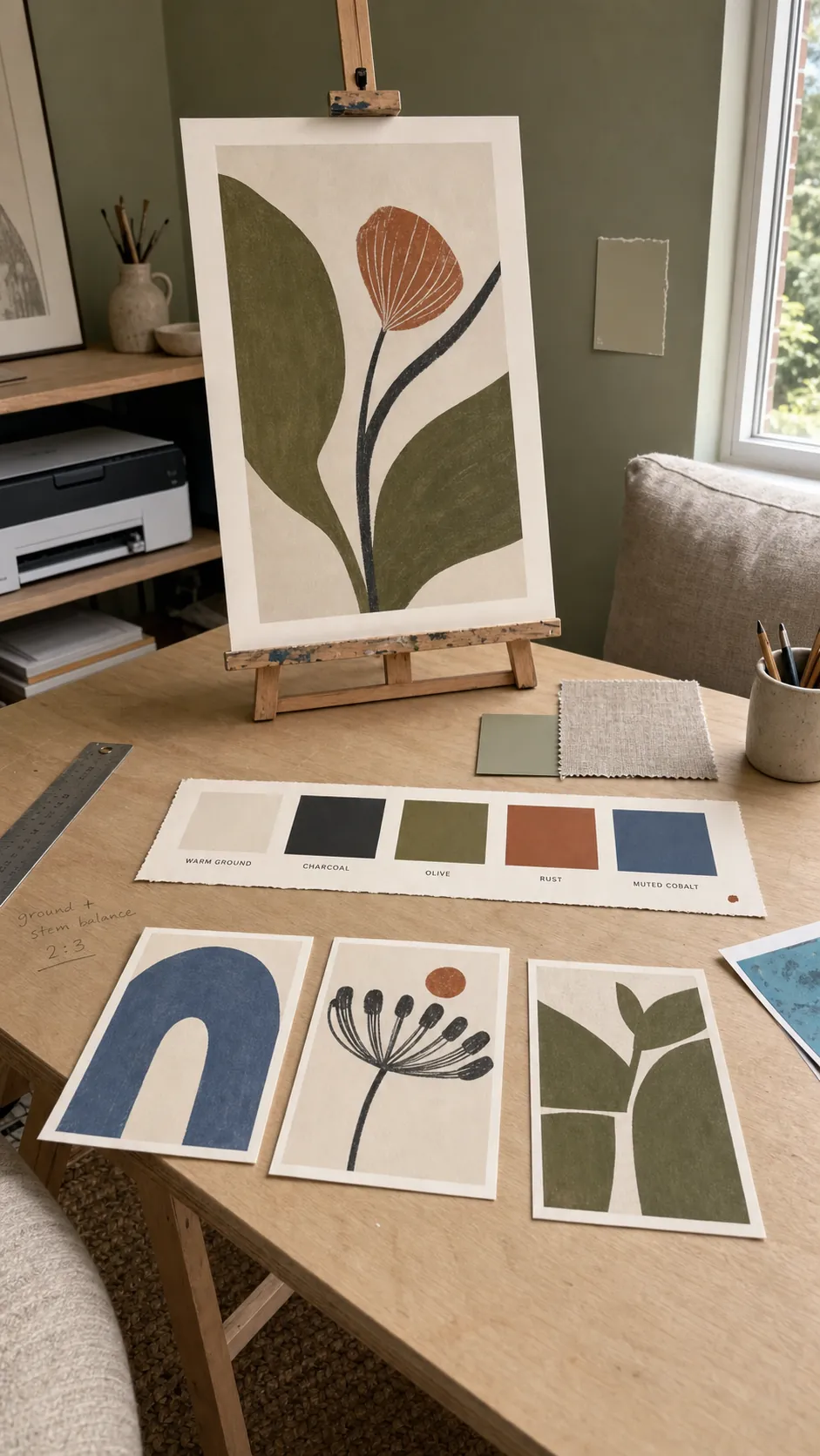 Printed color recipe and anchor artwork swatches on a worktable