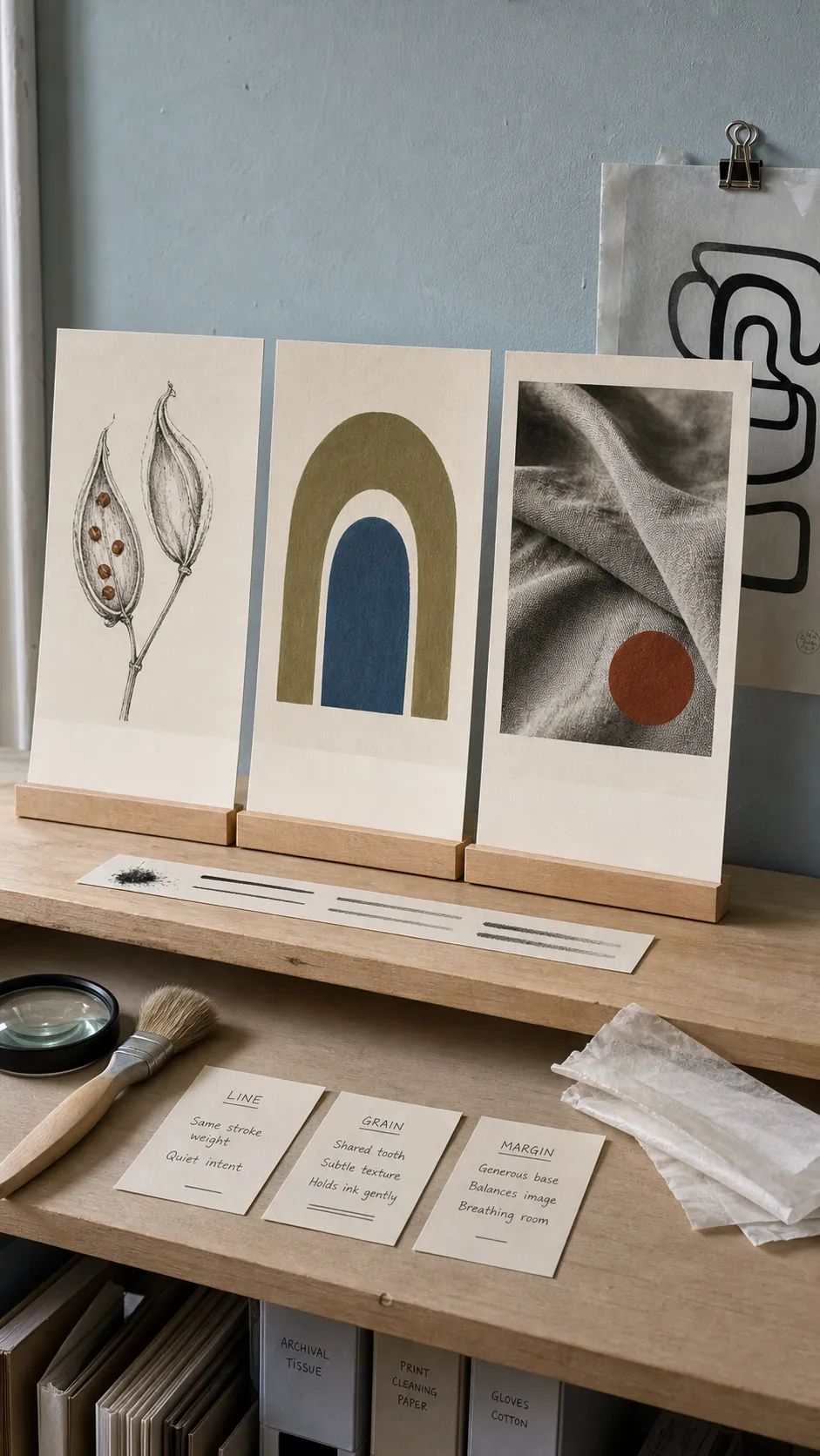 Three printable artworks sharing line weight texture and margins