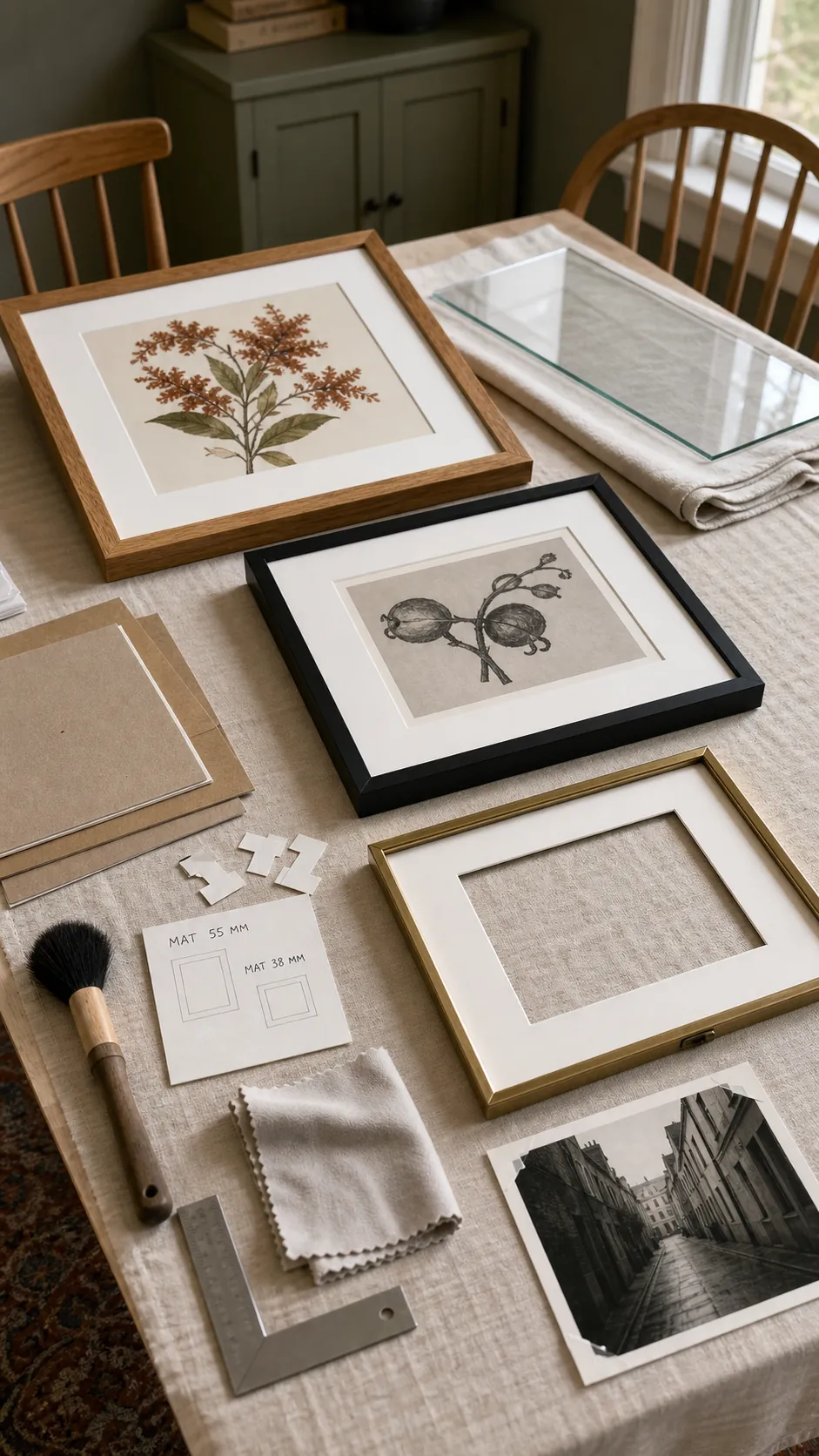 Coordinated wood black and brass frames with consistent mats