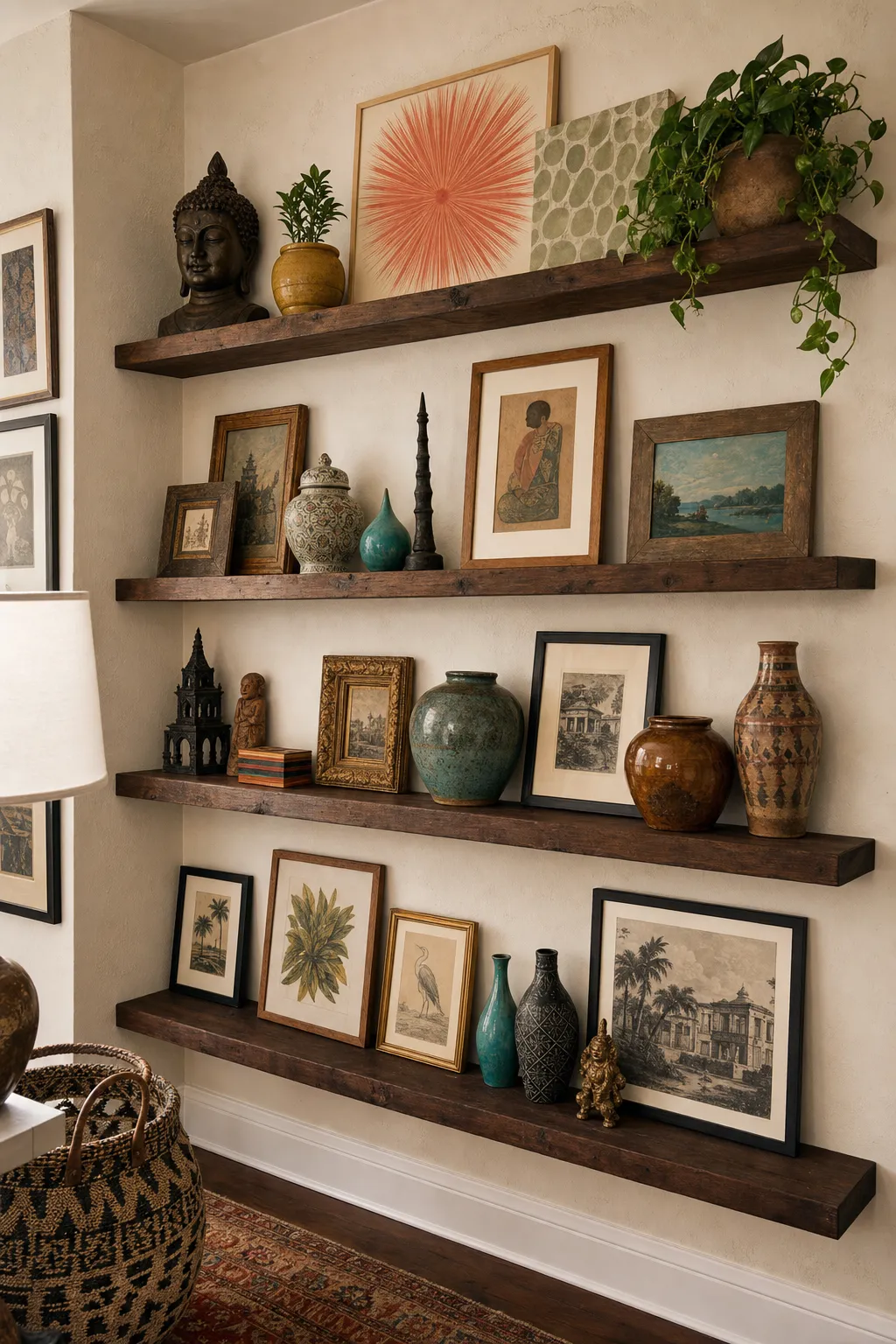 Eclectic picture ledge layered with collected artwork in mixed frames