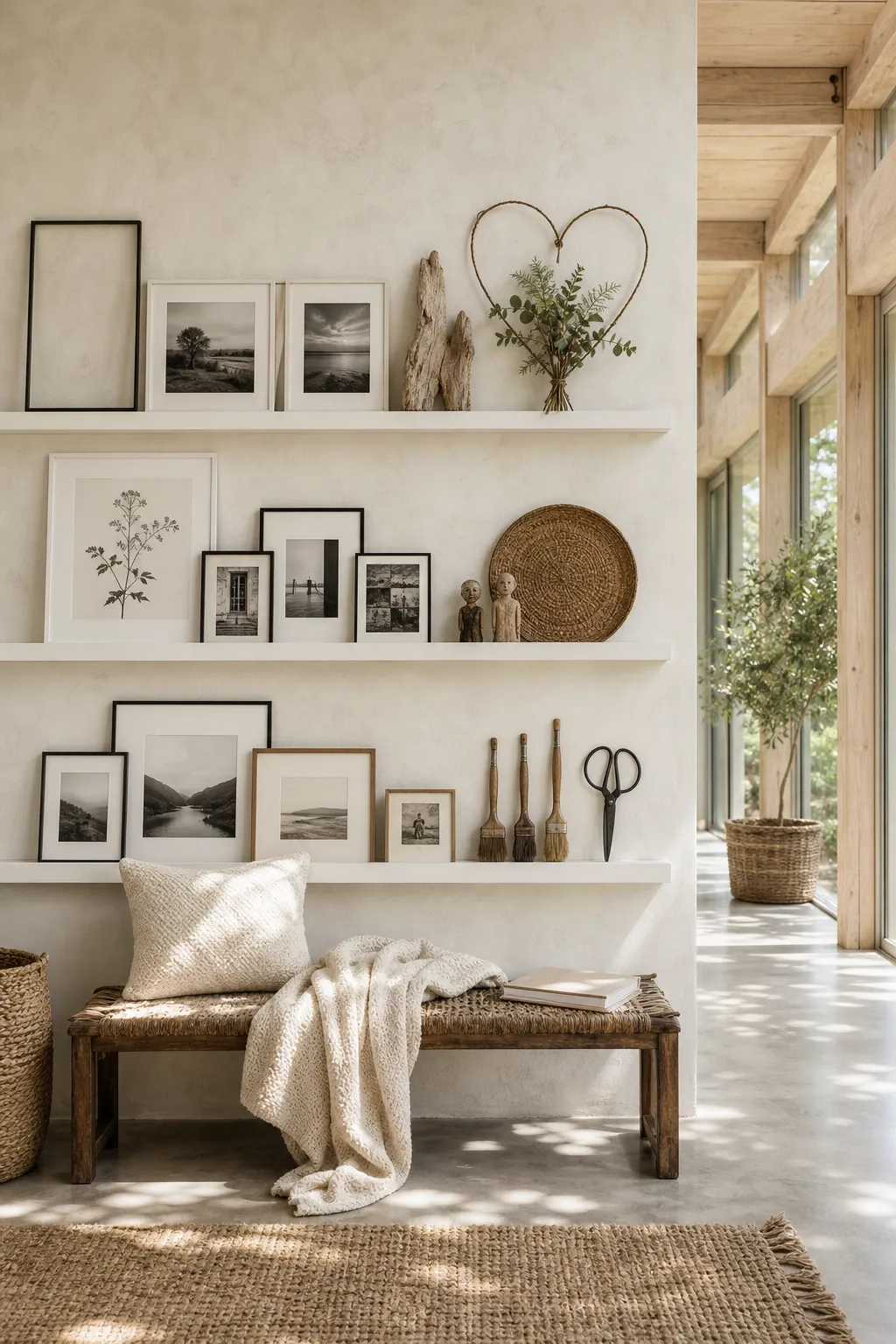 Natural wood picture ledges displaying serene artwork in a sunlit room