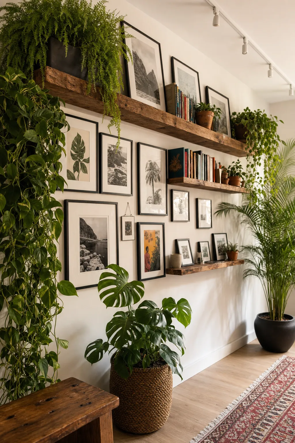 Layered gallery shelves decorated with framed art and cascading green plants