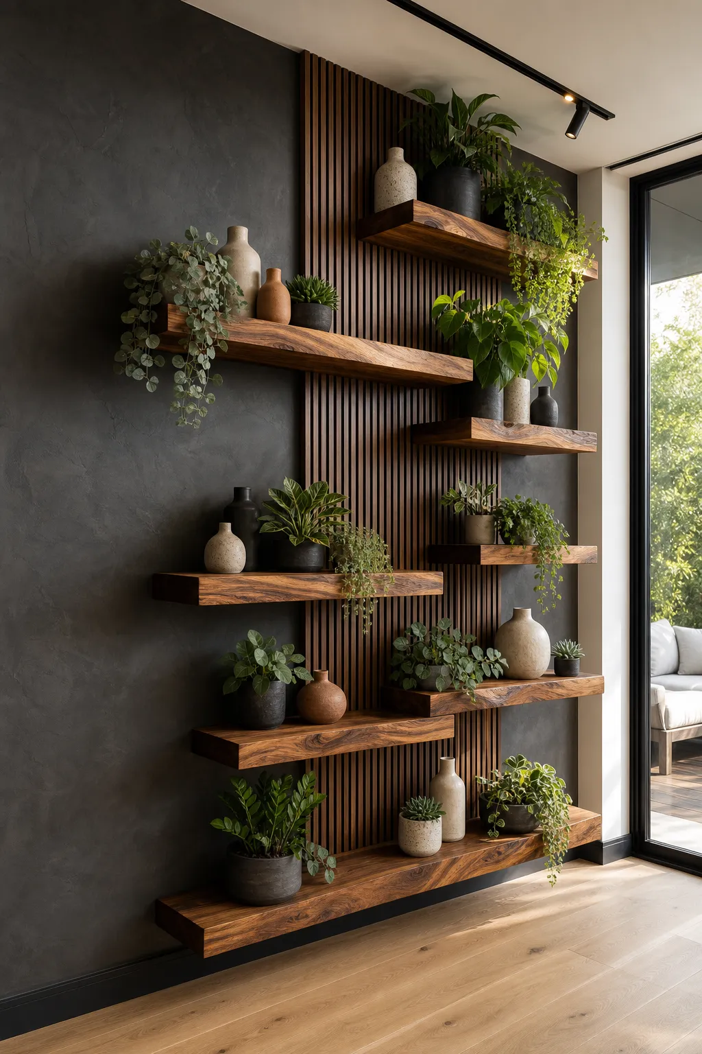 Modern wooden picture shelves styled with art and sculptural green plants