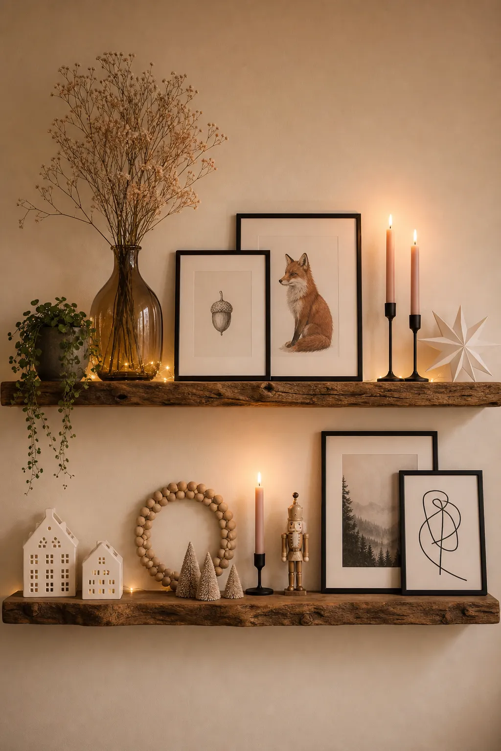 Rustic timber picture ledge holding neutral artwork on a minimal wall