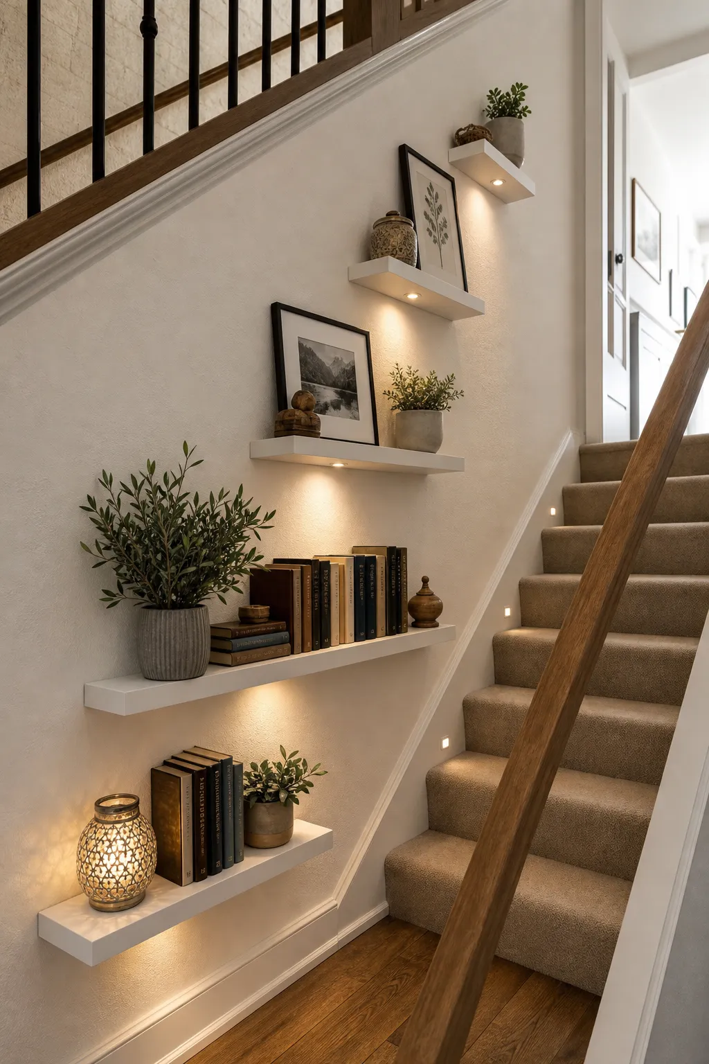 Stairway picture rail with framed art illuminated by soft accent lighting