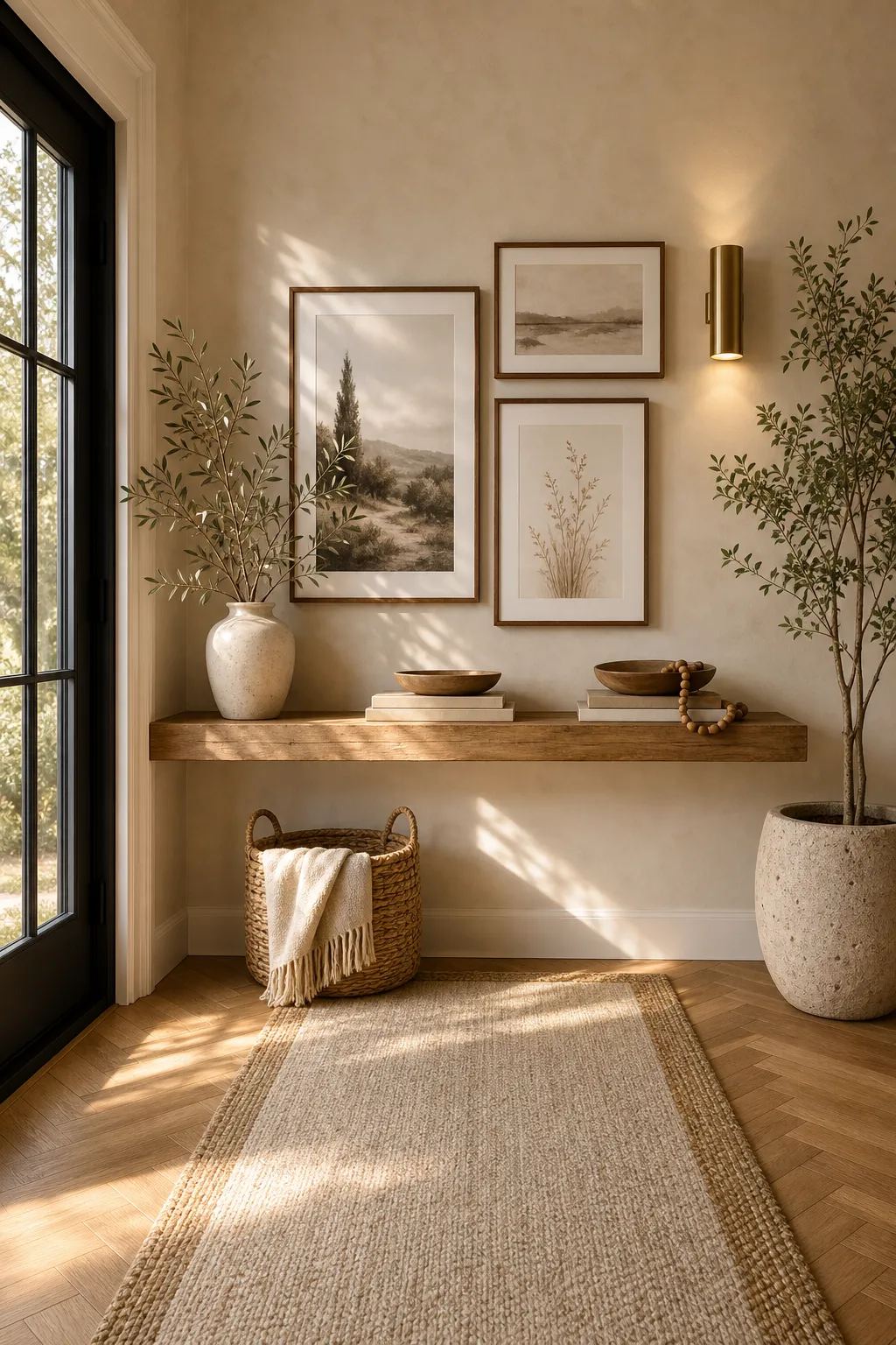 Entryway picture ledge styled with warm neutral art and decorative accents