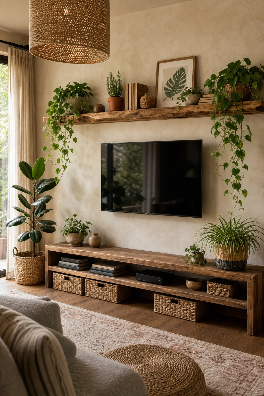 Rustic living room picture ledge filled with framed art and leafy plants