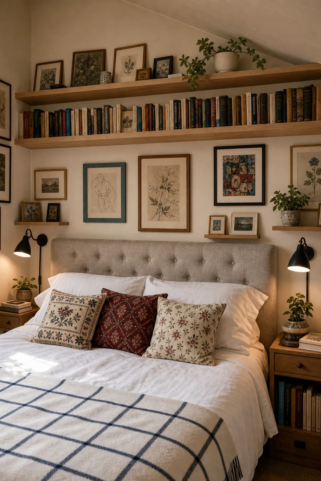 Bedroom picture shelf layered with framed art and favorite books