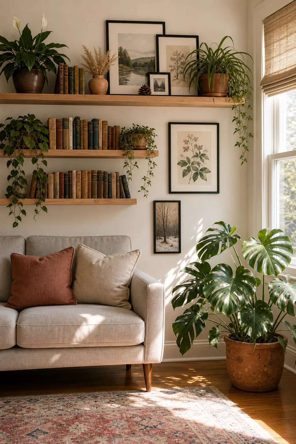 Sunlit living room picture ledge refreshed with framed art and green plants