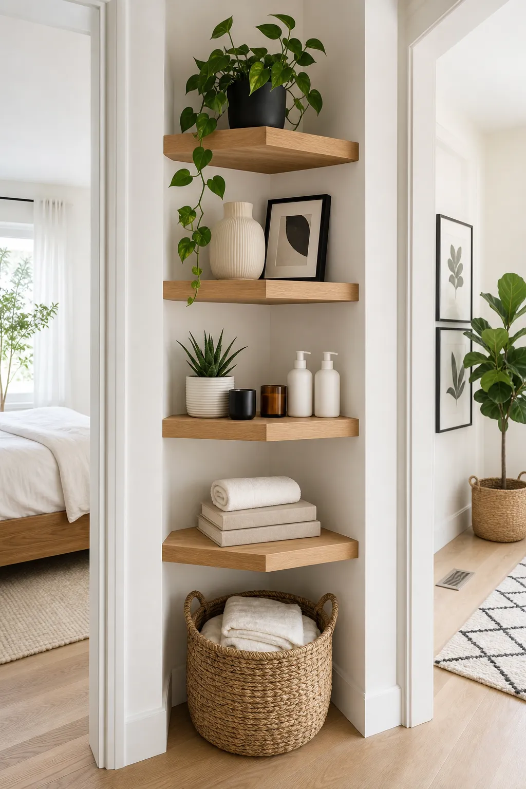 Bright corner niche fitted with floating picture shelves and layered artwork