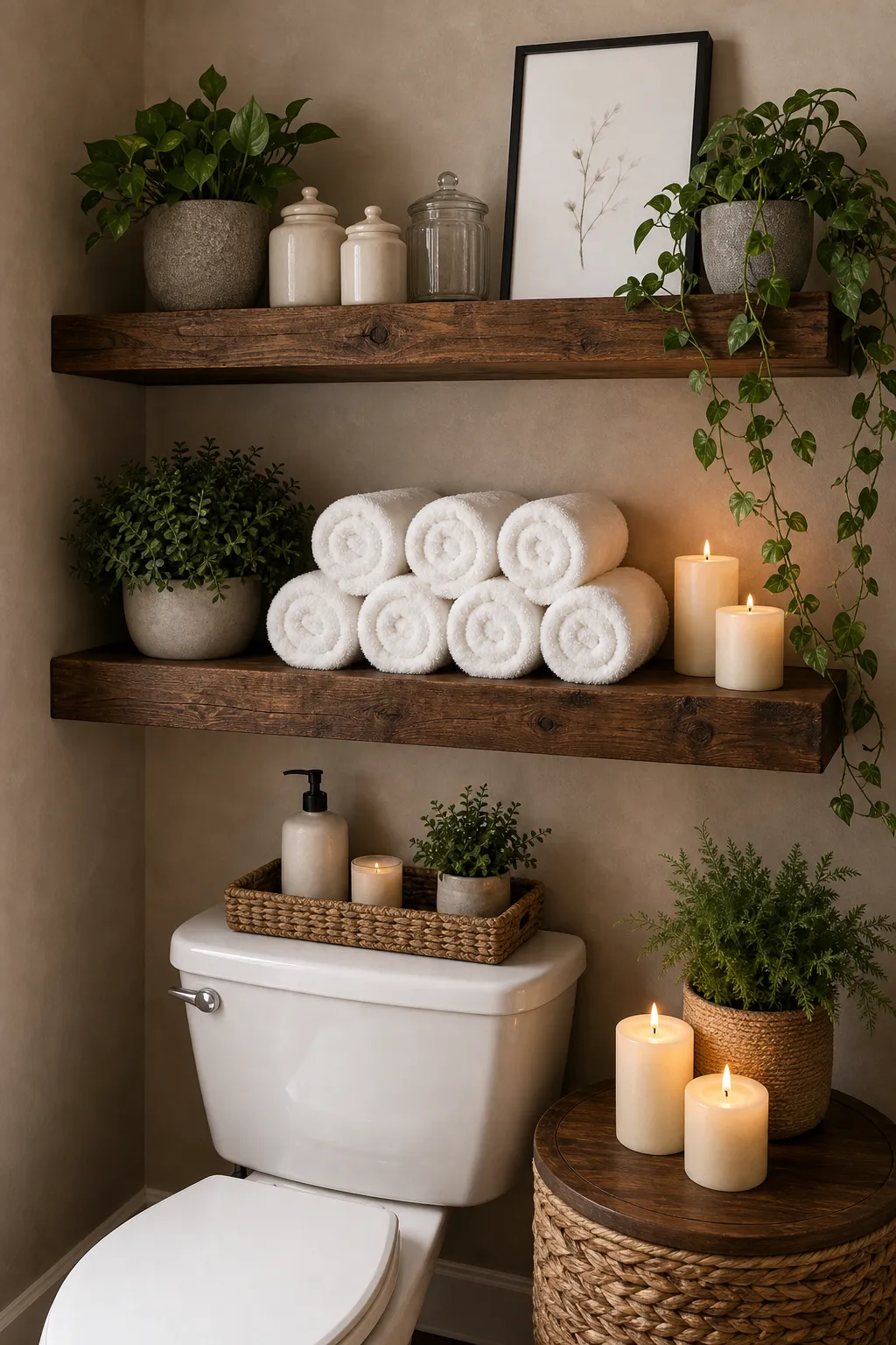 Small bathroom picture ledge decorated with framed art and compact plants