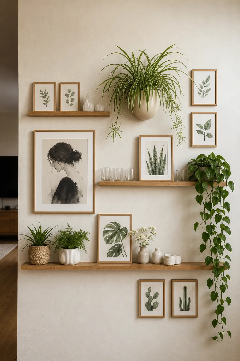 Botanical gallery shelf combining leafy framed prints with live plants