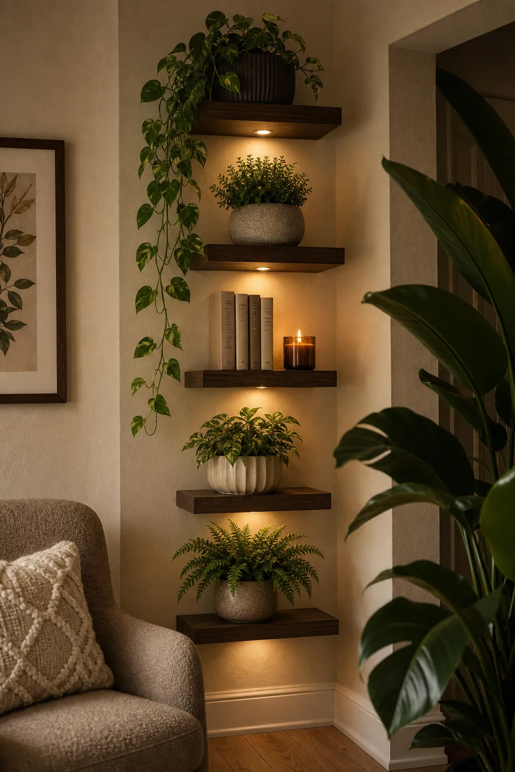Floating shelves filled with greenery and illuminated by warm lighting underneath