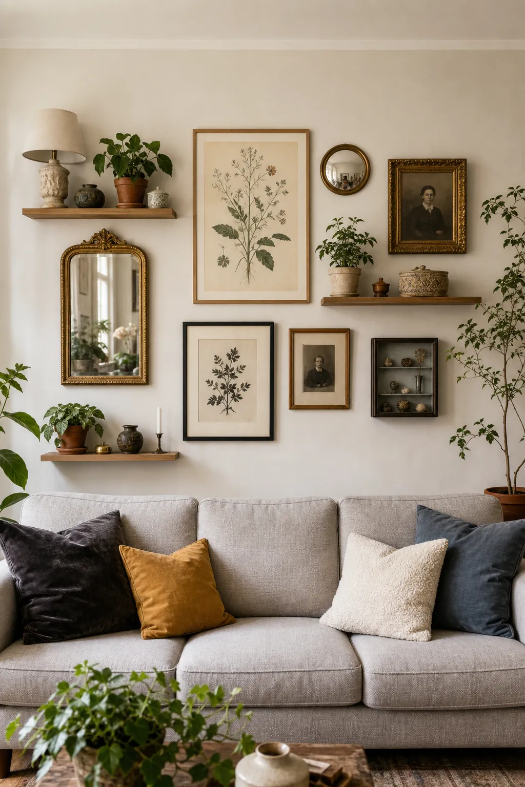 Long picture ledge anchoring a cozy living room with layered framed artwork