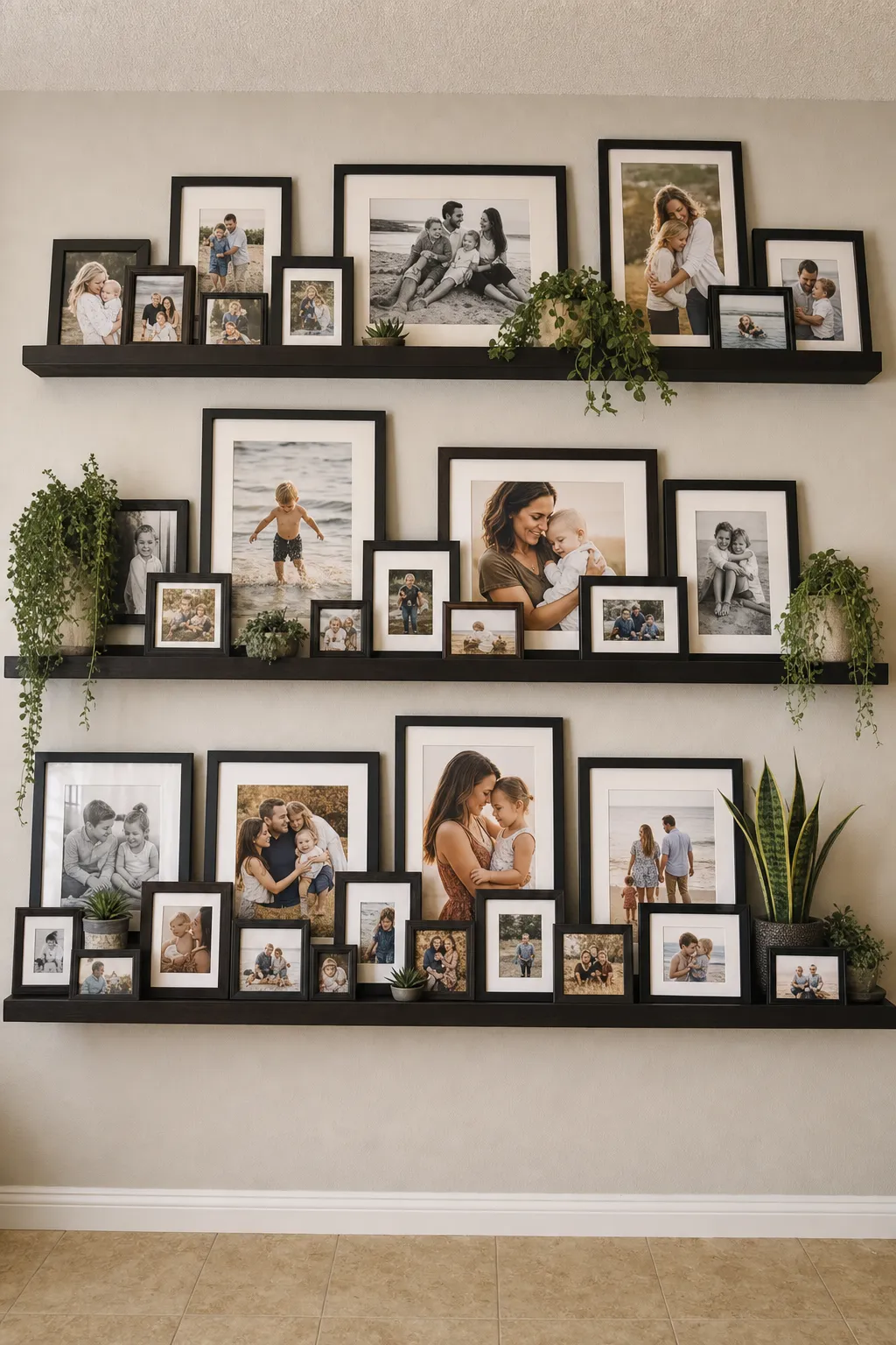 Coordinated family photographs and meaningful keepsakes displayed together on picture shelves.