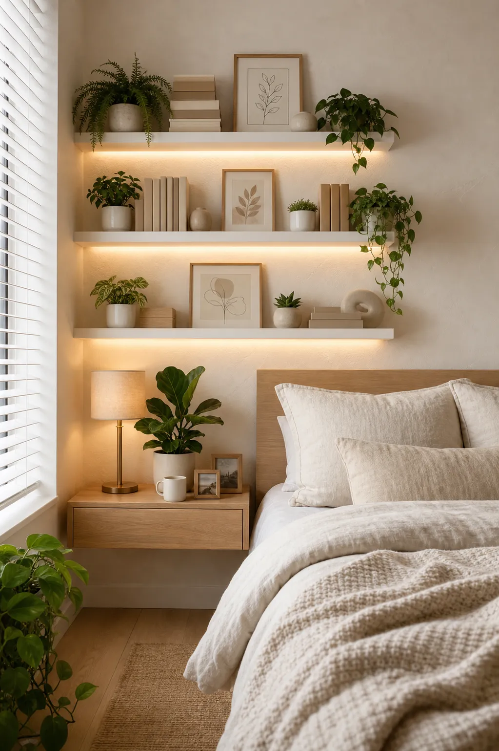 Slim picture shelf displaying framed artwork above a neatly styled bed.