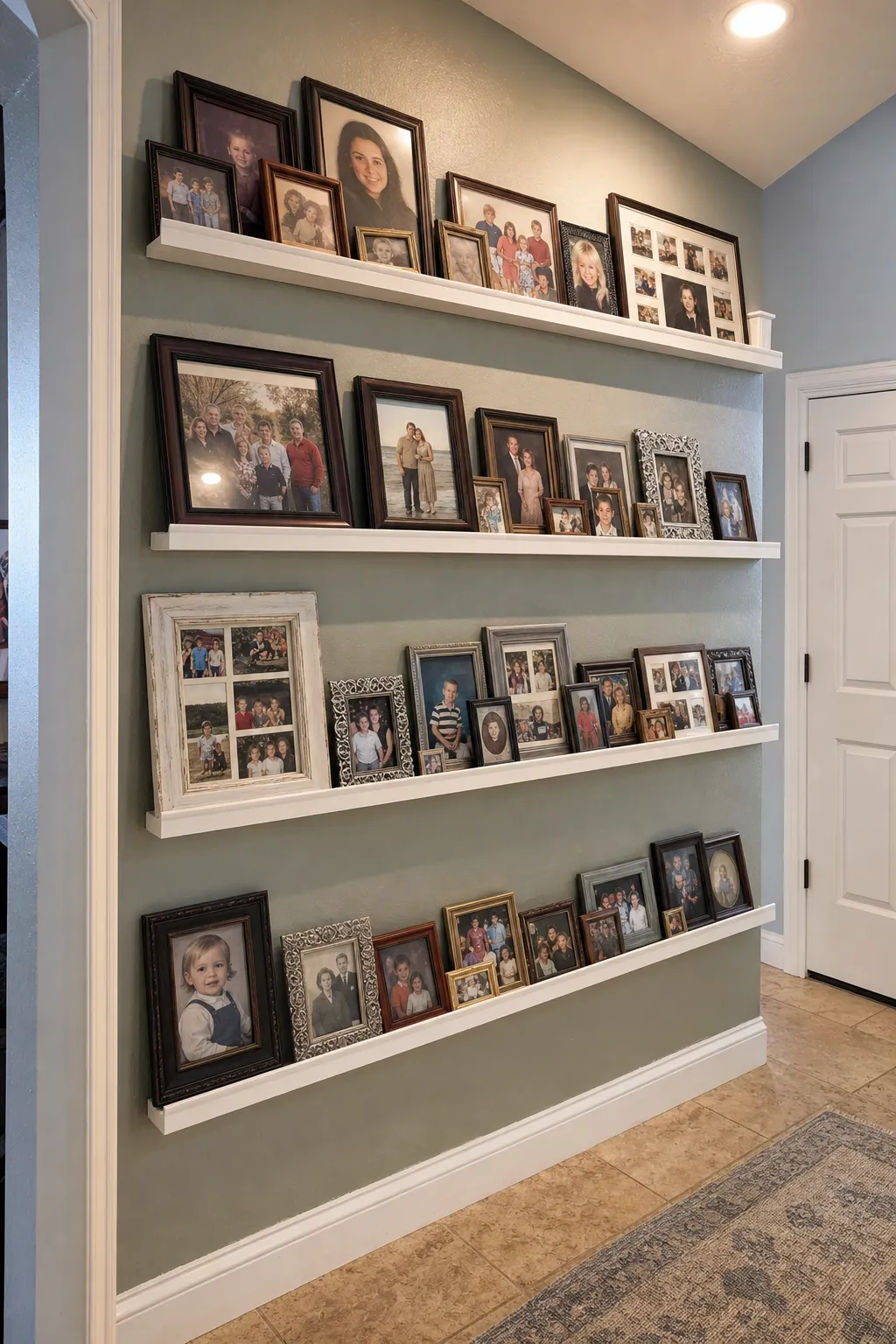 Layered family photographs in varied frames arranged casually along a picture ledge.