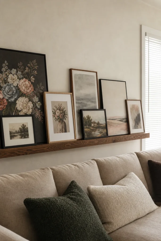 Warm gallery wall featuring overlapping framed art and decorative objects on shelves.